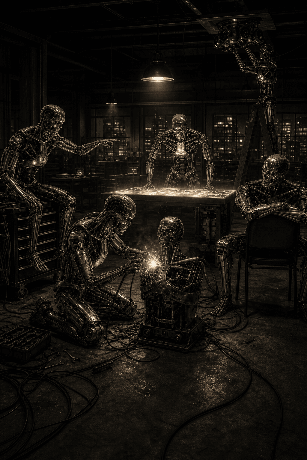 Five terminator-style founding operators in a steel-ink workshop council with a holo-table, welding, tool cart, and ladder.