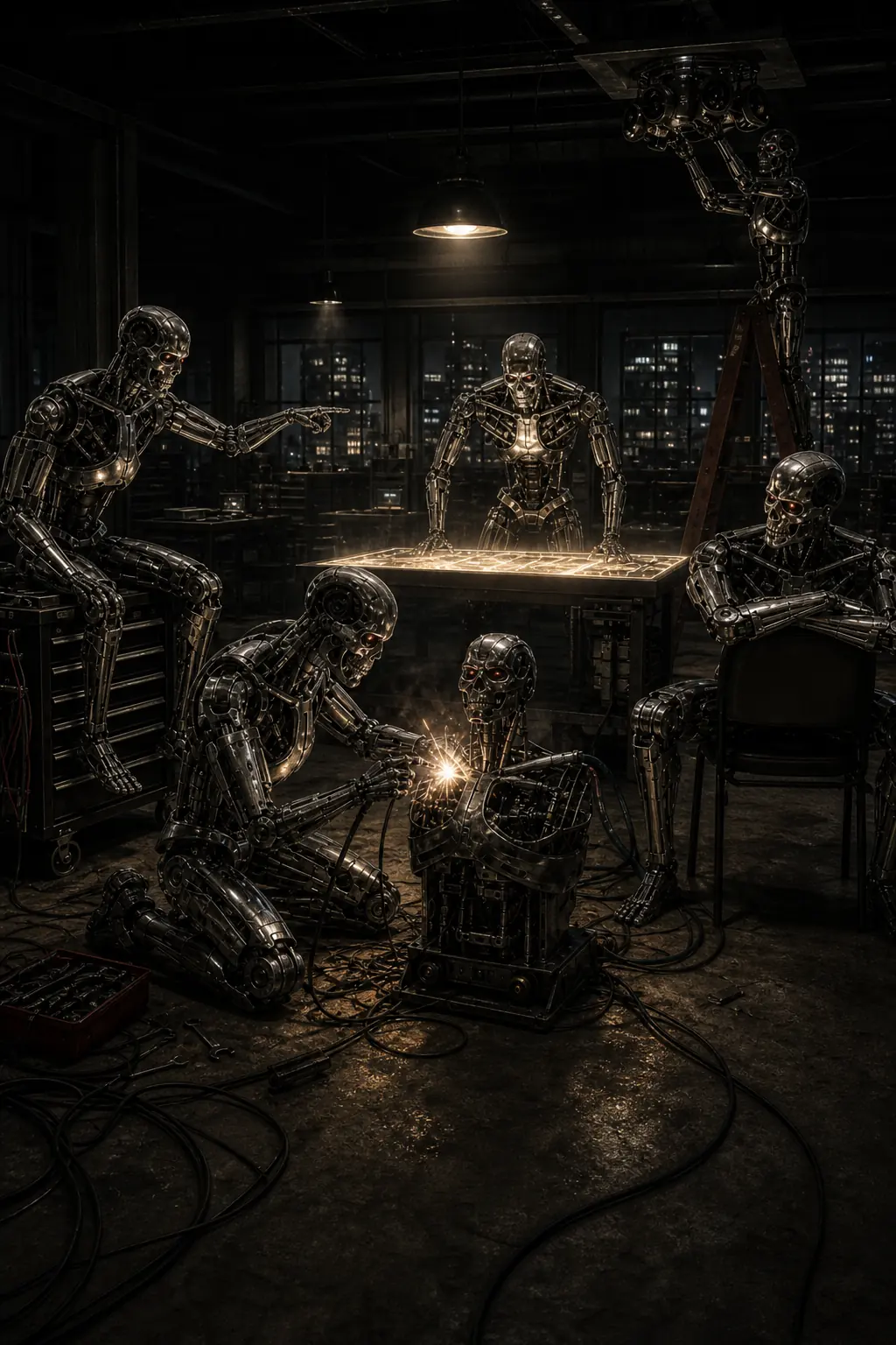 Five terminator-style founding operators in a steel-ink workshop council with a holo-table, welding, tool cart, and ladder.