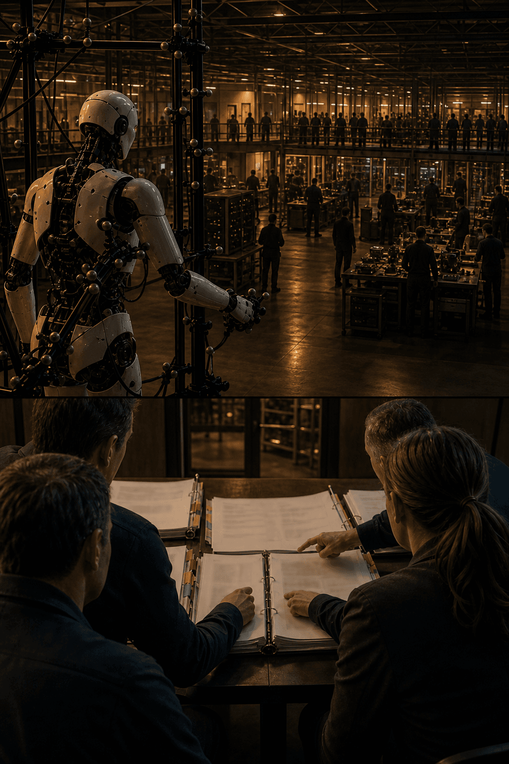 A humanoid lab opens onto a deep platform floor of engineers, above a multi-party standards alignment session.