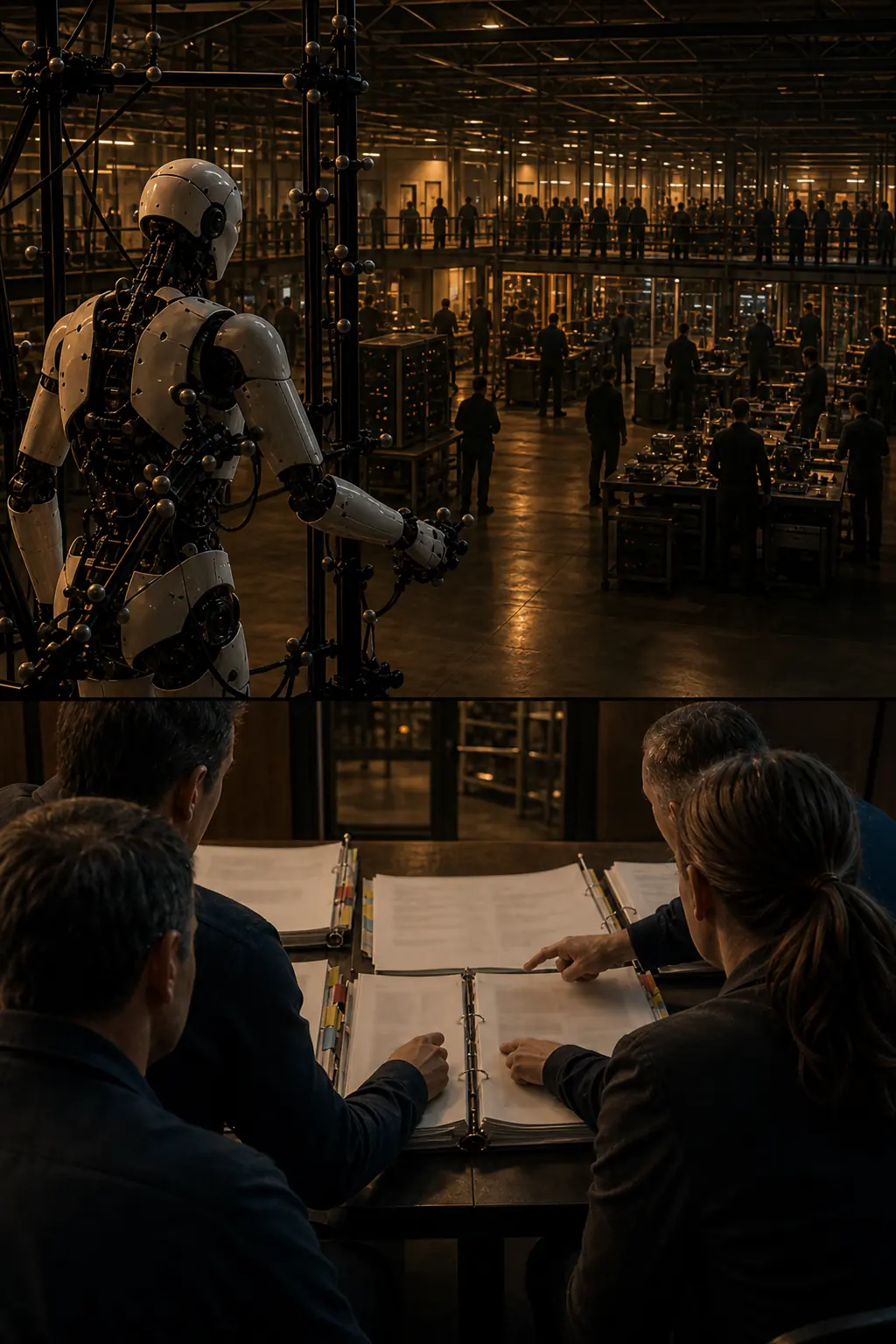 A humanoid lab opens onto a deep platform floor of engineers, above a multi-party standards alignment session.
