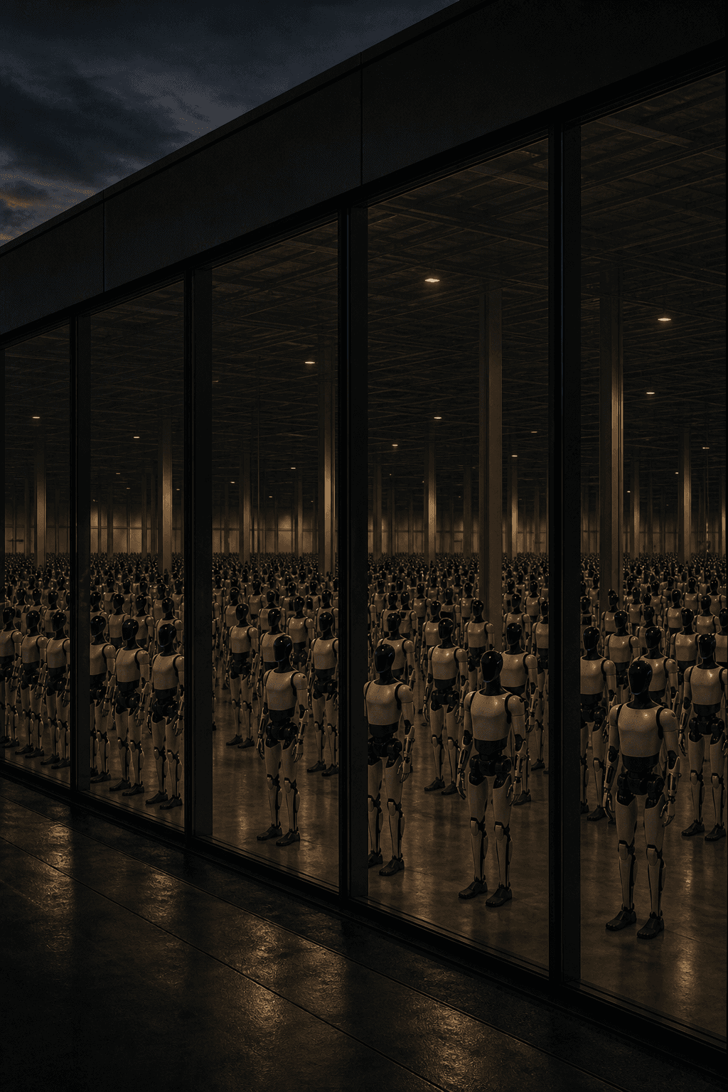 Dusk outside a glass plant facade, looking in at a dense grid of plated humanoids under sparse gold high-bays.