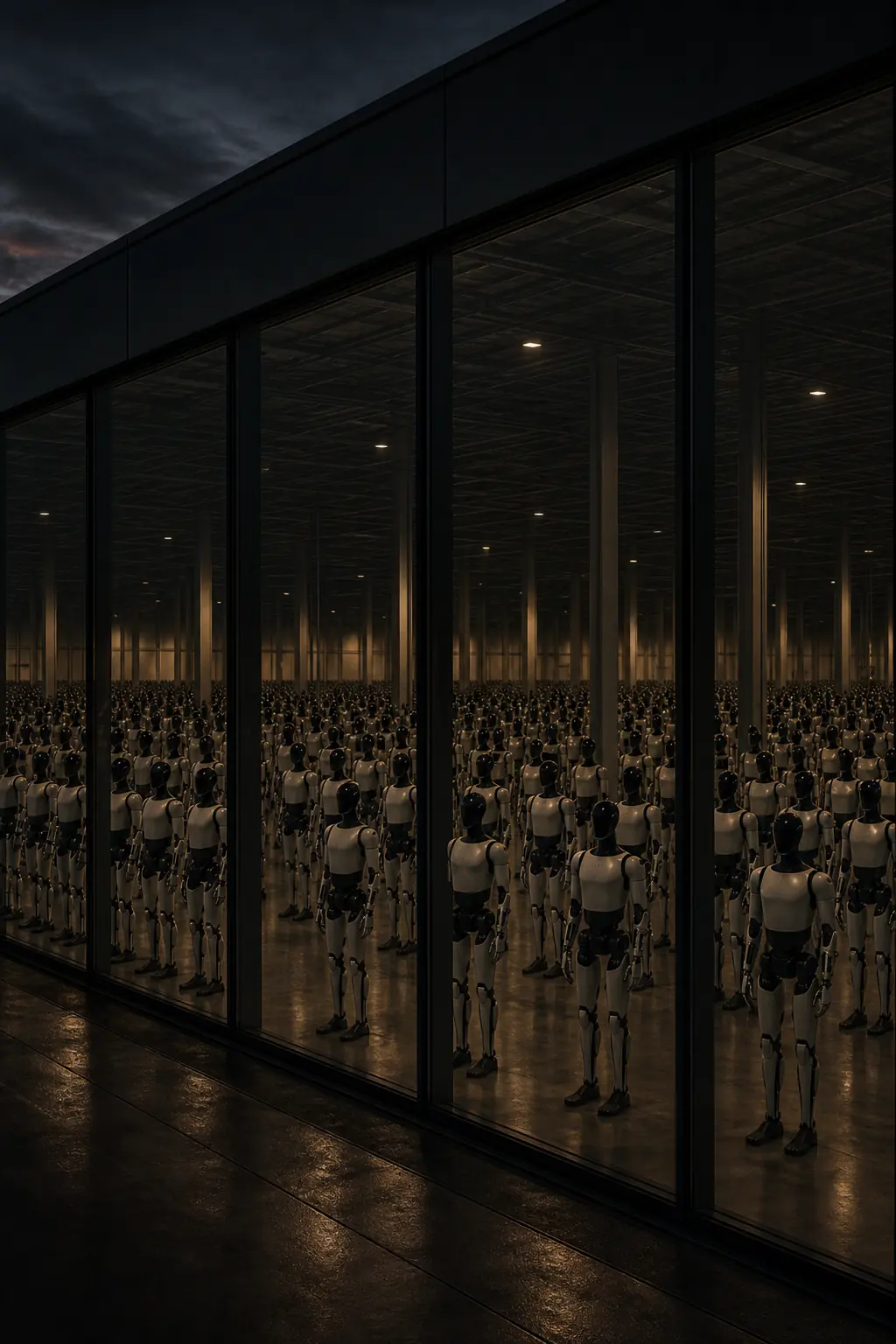 Dusk outside a glass plant facade, looking in at a dense grid of plated humanoids under sparse gold high-bays.