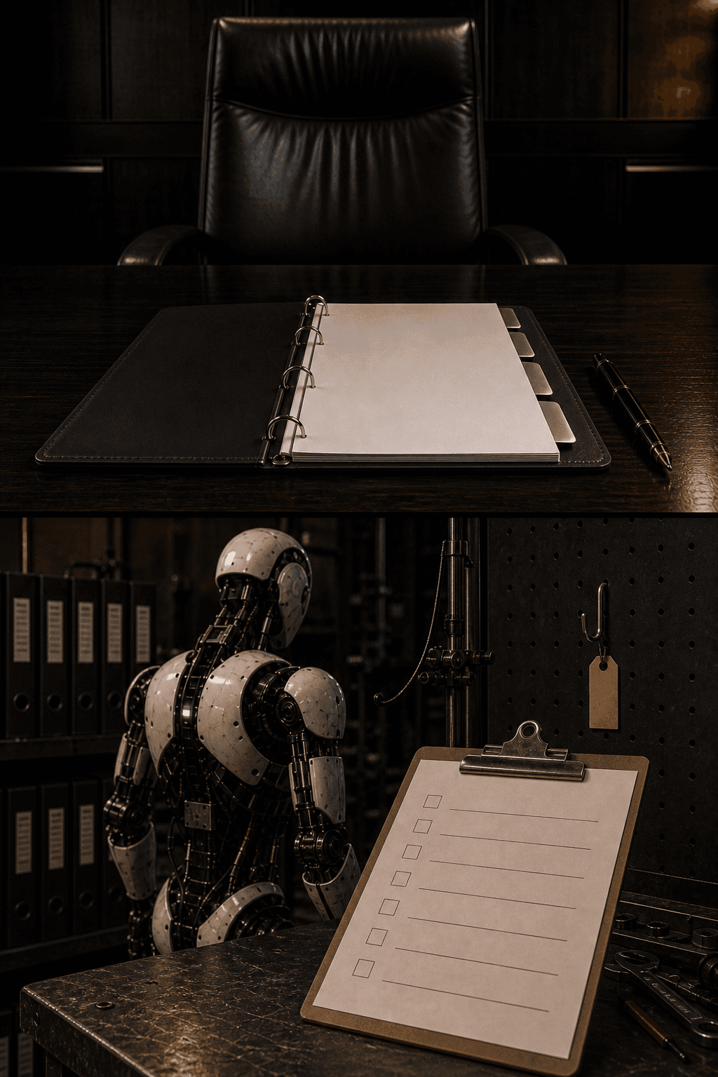 Blank board binder tabs above an ops desk with an unchecked checklist, filled runbooks, an empty pegboard hook, and a powered humanoid on standby.